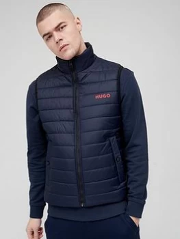 Image of HUGO Slim Fit Water Repellent Padded Gilet with Contrast Logo - Navy, Dark Blue, Size S, Men
