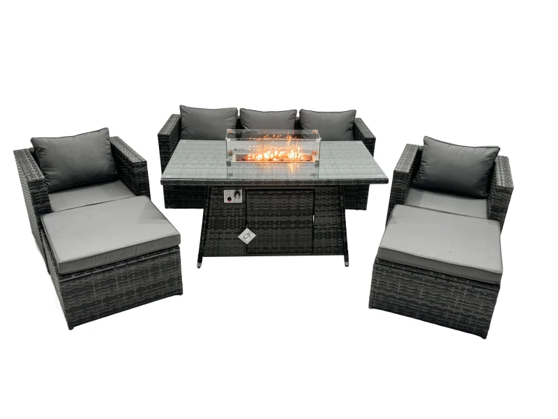 Image of Fimous Rattan Garden Furniture Firepit Dining Set 7 Seater Lounge Sofa Table Set with 2 big Footstool Dark Grey