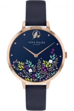 Image of Sara Miller Ditsy Ladies Navy Leather Strap Floral Dial Watch SA2102