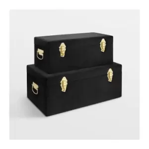 Image of BTFY Set of 2 Black Velvet Storage Trunks Chests Box Decorative Case for Bedroom, Living Room, Hallway, Dressing Room - Black & Brass with Handles