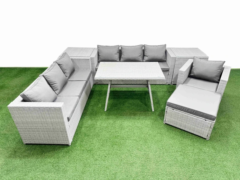 Image of Fimous 8-seater Patio 3 Seater Sofa Armchair Set with 2 Side Tables Big Stool in Light Grey Light Grey Unisex