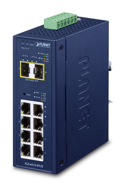 Image of PLANET IP30 Industrial L2/L4 8-Port Managed L2/L4 Gigabit Ethernet (10