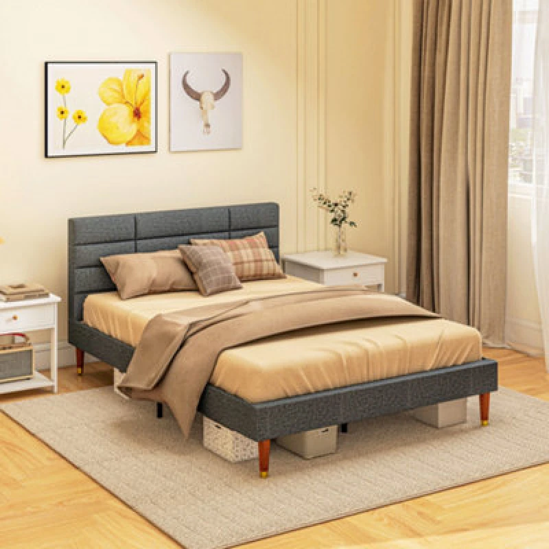 Image of Homcom 4ft Upholstered Double Bed Frame W/ Wooden Slat No Box Spring Needed 831-798V72GY