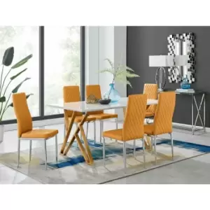 Image of Taranto White High Gloss Dining Table and 6 Mustard Milan Chairs - Mustard Yellow
