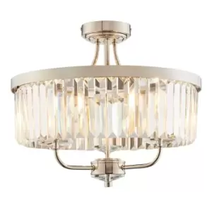 Image of Bright Nickel Semi Flush Ceiling Light with Clear Cut Glass 3 Bulb Low Hanging