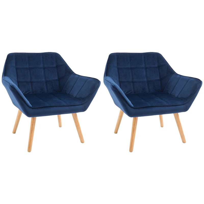 Image of HOMCOM Armchair Accent Chair Wide Arms Slanted Back Padding Iron Frame Wooden Legs Home Bedroom Furniture Seating Set of 2 Blue Aosom UK