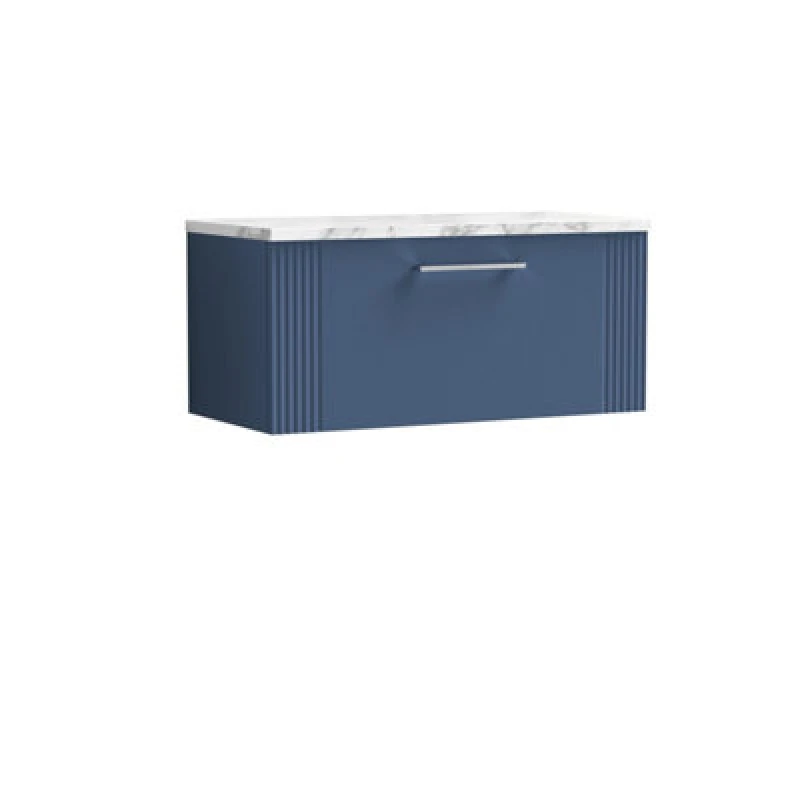 Image of Nuie Deco Wall Hung 1-Drawer Vanity Unit & Bellato Grey Laminate Worktop, Counter Top Vanity Unit In Satin Blue, 800mm
