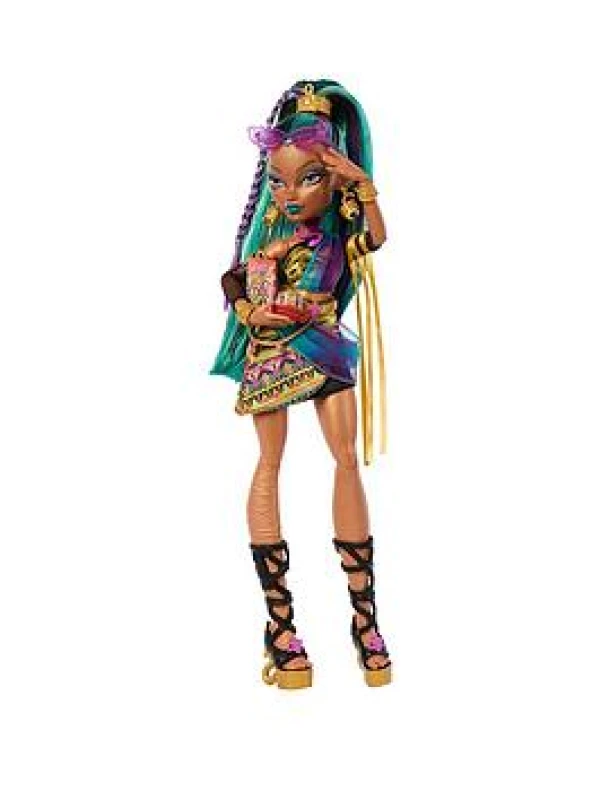 Image of Monster High Nefera De Nile Doll Royal Mummy in Dress with Pet Scarab Lavish and 7 Accessories like Purse Laptop Sunglasses Drink and Snacks JDR4