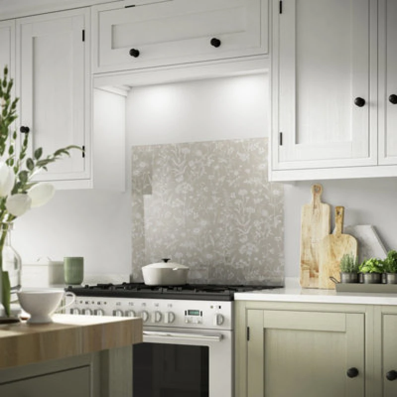 Image of Laura Ashley Lisette Flint Beige Floral Print Glass Splashback, (H)750mm (W)600mm (T)6mm