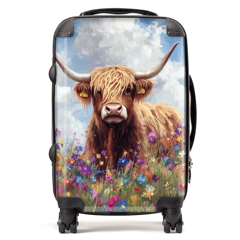 Image of Warren Reed - Designer Highland Cow In A Summer Meadow Suitcase Size: Cabin Multicolor Unisex Cabin