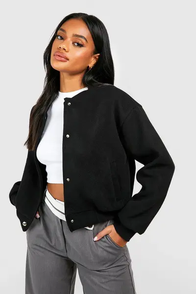 Image of boohoo Wool Look Crop Bomber Jacket Black