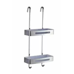 Image of Bagno Stainless Steel Hanging 2-Tier Shower Caddy, Removable Tray Inserts, Easy Clean, Double Hooks - Stainless Steel