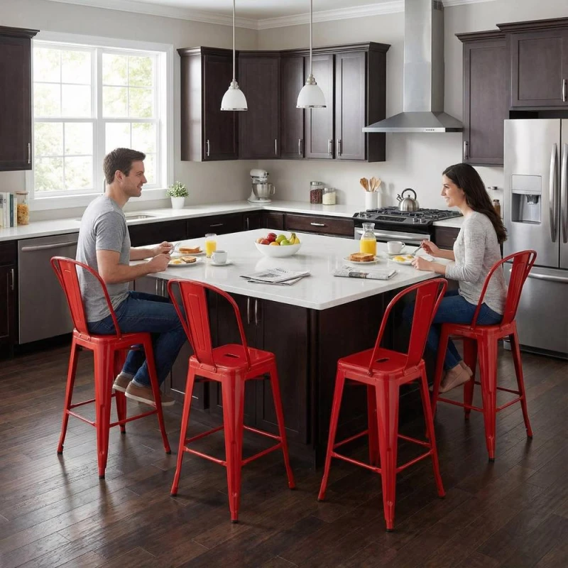 Image of FWStyle Bistro Set Of 4 24" Red Gloss Metal Bar Chairs Red Unisex