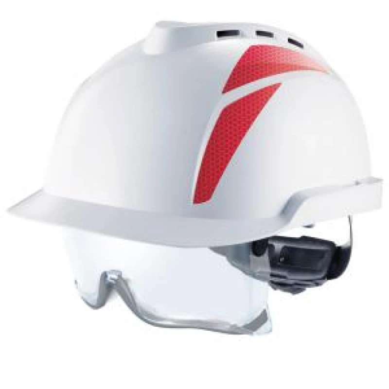 Image of MSA V-gard 930 vented safety helmet with integrated eye protection white/red - MSA MSAGVC1AWRE