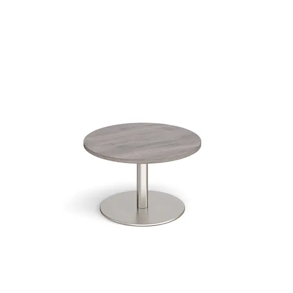 Image of Monza Cafe and Bistro Circular Table with Brushed Steel Circular Base - Grey Oak