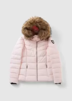 Image of Holland Cooper Womens Whistler Puffer Bomber Jacket With Faux Fur Hood In Ice Pink