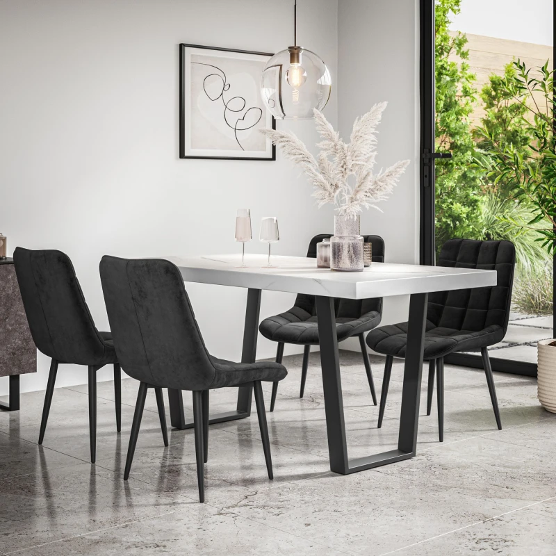 Image of More4Homes Aria Dining Table And Chairs - White Marble Effect Table Top W Black Legs + Nova Velvet Dining Chair Set Of 4 (Black)