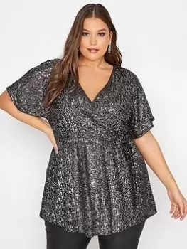Image of Yours London Sequin Wrap Top Silver, Size 30-32, Women