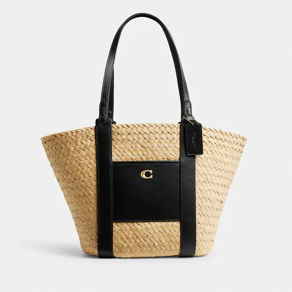 Image of Coach Womens Small Straw Pocket Tote Bag - Natural