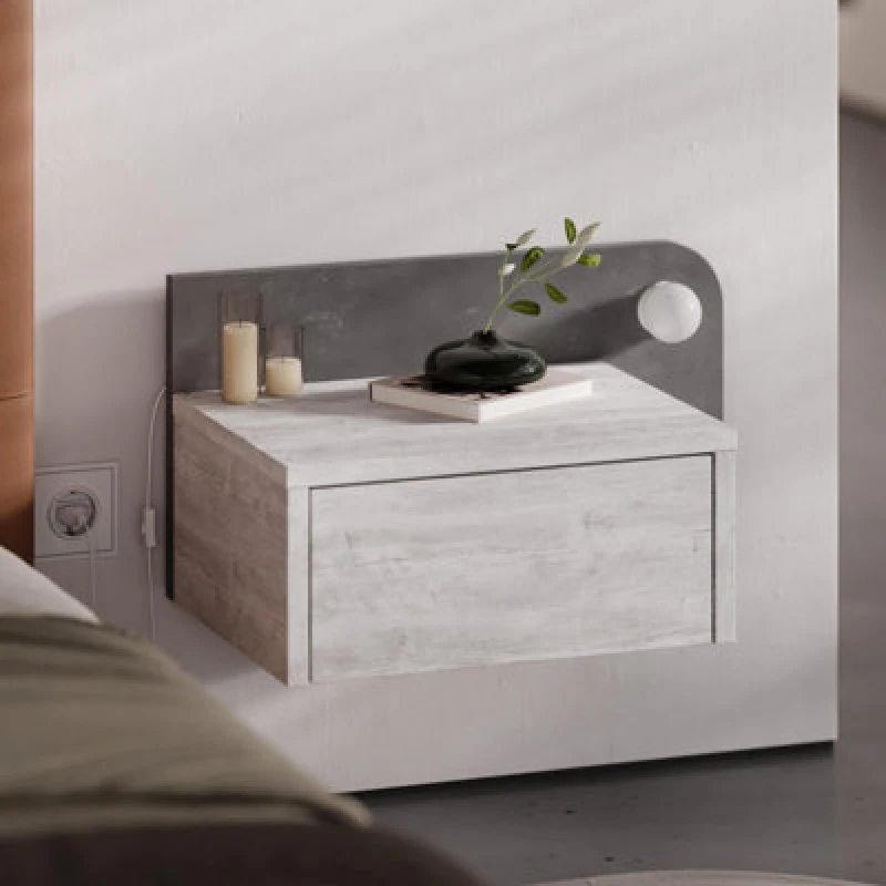Image of Decortie Floating Bedside Table With Drawer, LED Light In 3-Tones 33.5Cm Wall-Mount Bedroom Storage Unit, Ancient White,retro Grey