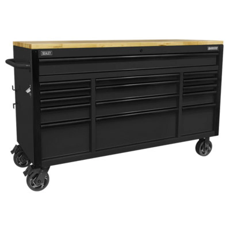Image of Sealey Sealey AP6215BE Superline PRO Black Edition Mobile Trolley with Wooden Worktop 15 Drawer 1549mm