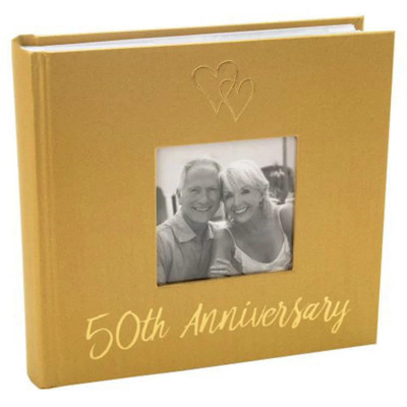 Image of Happy Homewares Lovely Golden 50Th Wedding Anniversary Photo Album With Double Heart Decoration