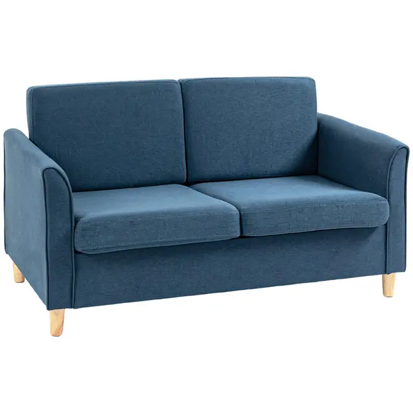 Image of HOMCOM Double Seat Sofa Loveseat Couch 2 Seater Linen Armchair with Wood Legs Blue