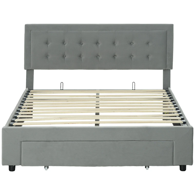 Image of Homcom Double Bed Frame With Storage And Adjustable Velvet Headboard, Grey 831-804V70GY
