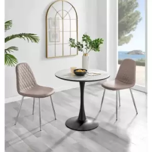 Image of Furniture Box Elina White Marble Effect Round Dining Table and 2 Cappuccino Corona Silver Chairs
