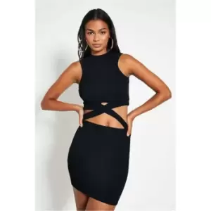 Image of I Saw It First Black Rib Racer Cross Over Cut Out Mini Dress - Black