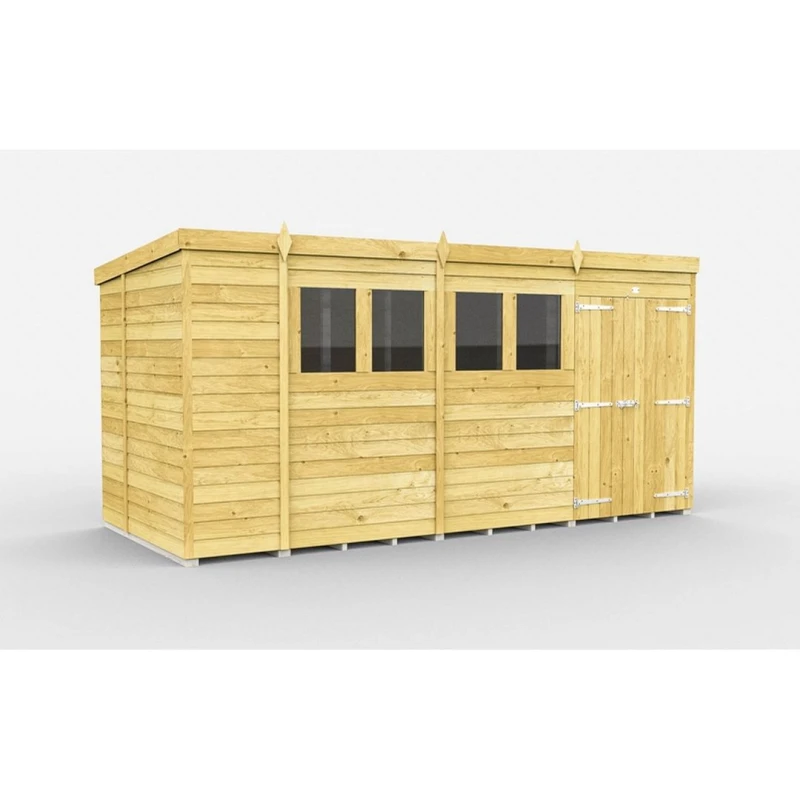 Image of Buttercup Farm 14 x 6 Feet Pent Shed - Double Door W/ Windows - L178 x W417 x H201cm in Brown Brown Unisex