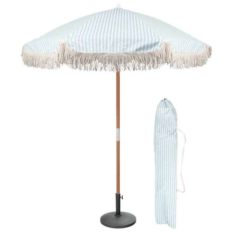 Image of Harbour Housewares 1.4M Tassel Fringed Wooden Garden Parasol & Base Set with Carry Bag in Blue Blue Unisex