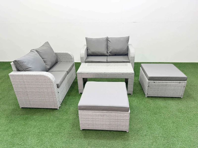 Image of Fimous 6 Seater Outdoor Love Sofa Set Rattan Garden Furniture Set with Oblong Coffee Table 2 Footstool Light Grey Light Grey