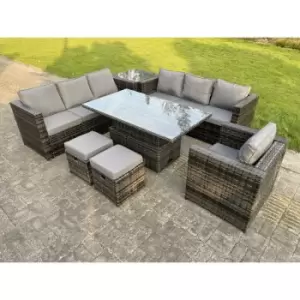 Image of Fimous 7 Seater Outdoor Dark Grey Mixed Rattan Lounge Complete Sofa Set with Adjustable Tables and 2 Stools