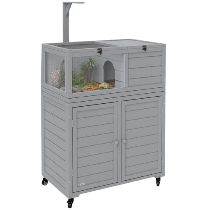 Image of PawHut Tortoise House with Storage Cabinet, Lamp Holder, Openable Top Light Grey
