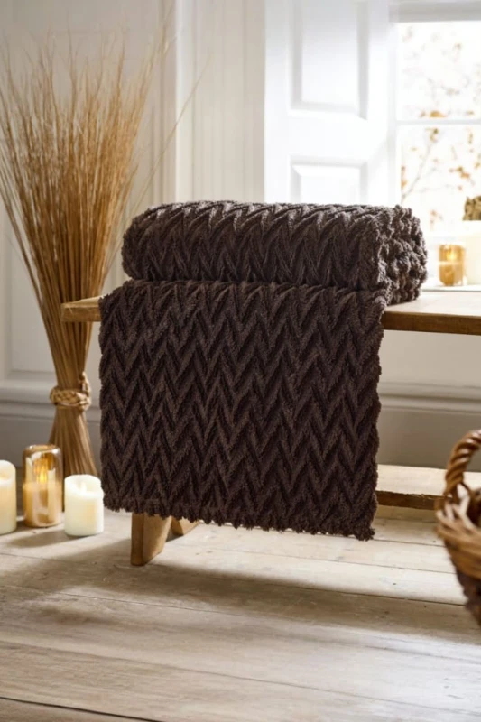 Image of Deyongs Deyongs Tadcaster Luxury Soft Chevron Throw - 140x180cm Warm & Soft Blanket in Chocolate Size: 140cm x 180cm Chocolate 140cm x 180cm Unisex