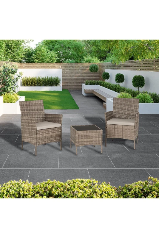 Image of Seconique Willow 3Pc Garden Set - Grey Rattan/Grey Fabric/Black Glass, Grey 700-701-003