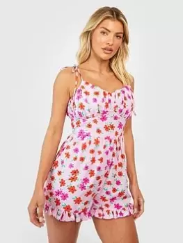Image of Boohoo Floral Tie Detail Strappy Playsuit - Purple, Purple, Size 12, Women