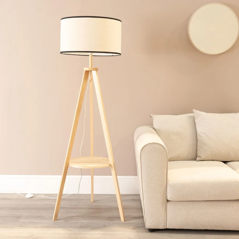 Image of ValueLights ValueLights Morrigan Natural Wood Tripod Floor Lamp with Linen Trimmed Drum Shade in Black One Size Unisex 5059406056840