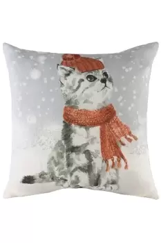 Image of Snowy Cat Hand-Painted Watercolour Printed Cushion