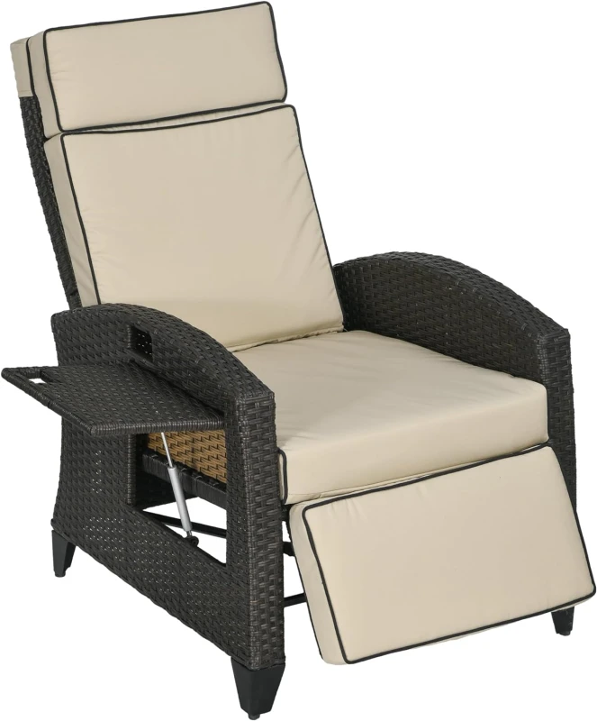 Image of Outsunny Outdoor Recliner Chair w/ Cushion Rattan Reclining Lounge Chair Khaki