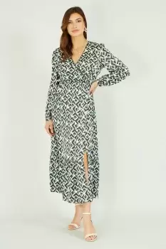 Image of Green Geo Print Satin Wrap Midi Dress