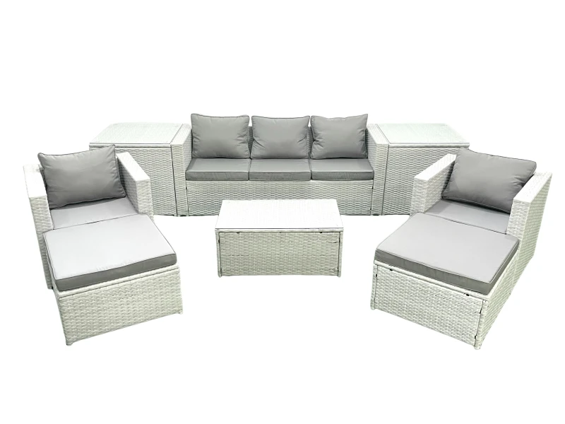 Image of Fimous Rattan Garden Furniture Set with 3 Seater Sofa 2 Chair Rectangular Coffee Table 2 Big Footstools 2 Side Tables Light Grey Mixed 7 Seater Light