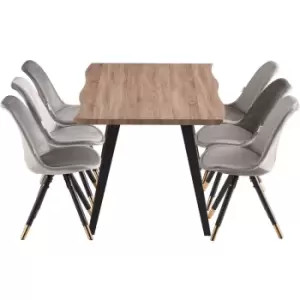 Image of 7 Pieces Life Interiors Sofia Rocco Dining Set - an Oak Rectangular Dining Table and Set of 6 Dark Grey Dining Chairs - Dark Grey