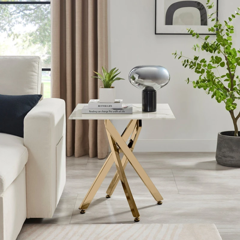 Image of FurnitureboxUK FurnitureboxUK Leonardo Square Marble Effect Glass Top Side Table With Gold Metal Starburst Legs in White White One Size Unisex 5056542
