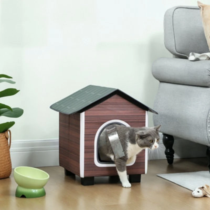 Image of PawHut PawHut Outdoor Cat House with Elevated Base, Cushion, Red-brown 5063603612877