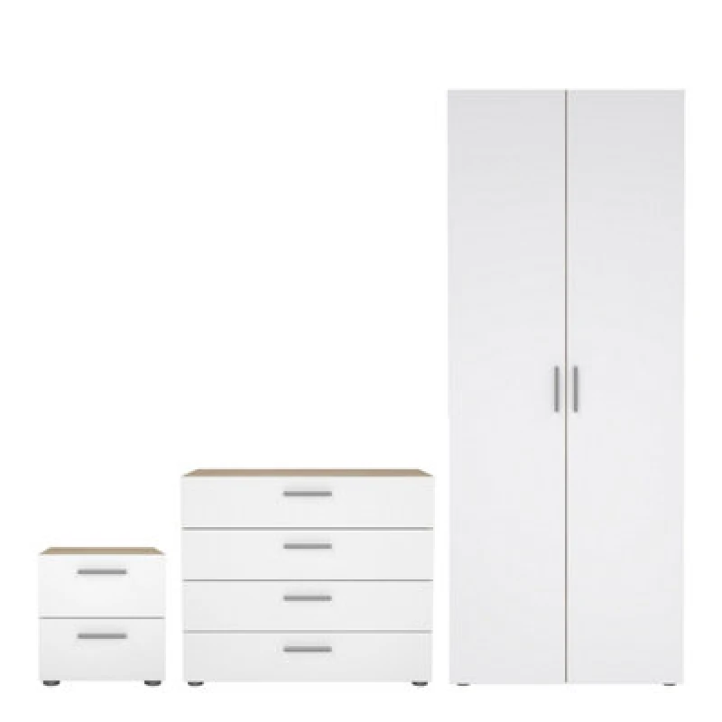 Image of Furniture To Go Pepe 3 Piece Bundle, Bedside, Chest And 2 Door Wardrobe In Oak And White High Gloss