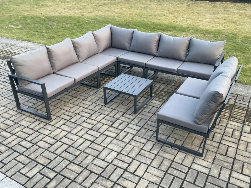 Image of Fimous 9 Seater Patio Outdoor Garden Furniture Aluminium Lounge Corner Sofa Set with Square Coffee Table Dark Grey Dark Grey Unisex