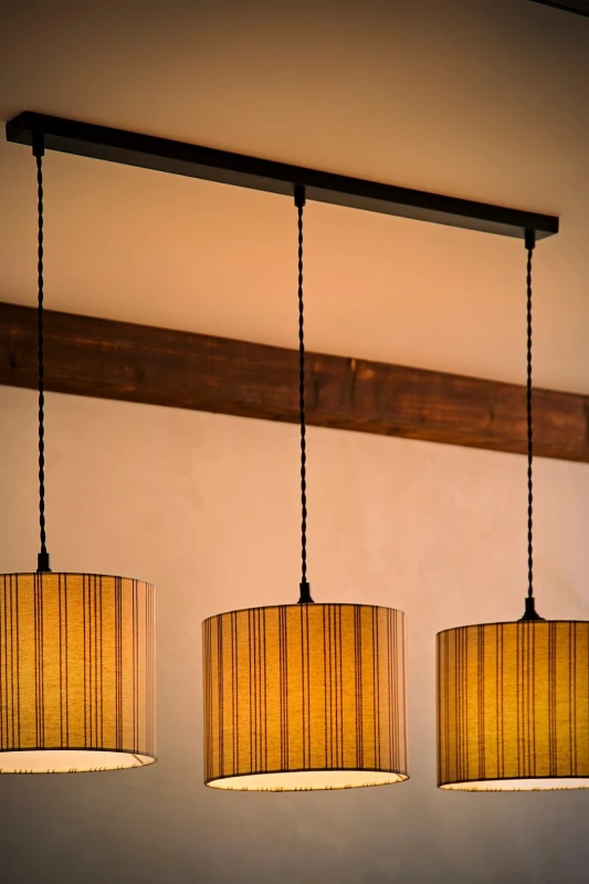 Image of ValueLights ValueLights Hallie Linen Stripe Drum Shade 3 Drop Black Diner Ceiling Pendant Light & Bulbs in Natural Natural One Size Unisex 50594060645