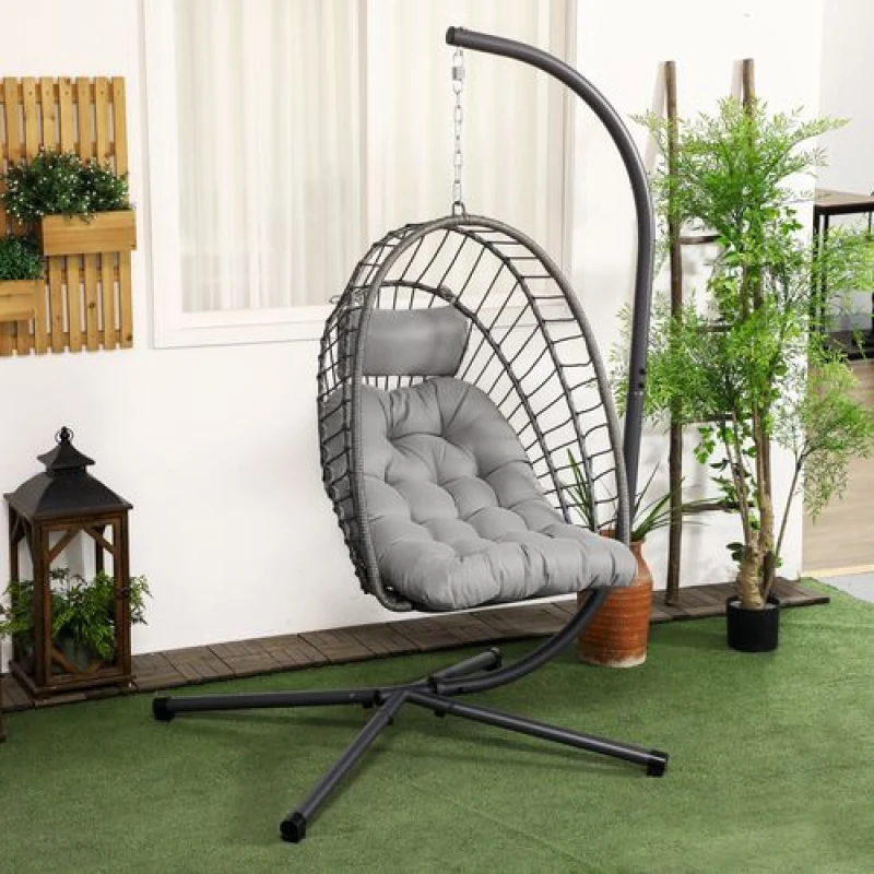 Image of Outsunny PE Hanging Swing Chair with Thick Cushion, Patio Hanging Chair, Grey 867-157V70CG